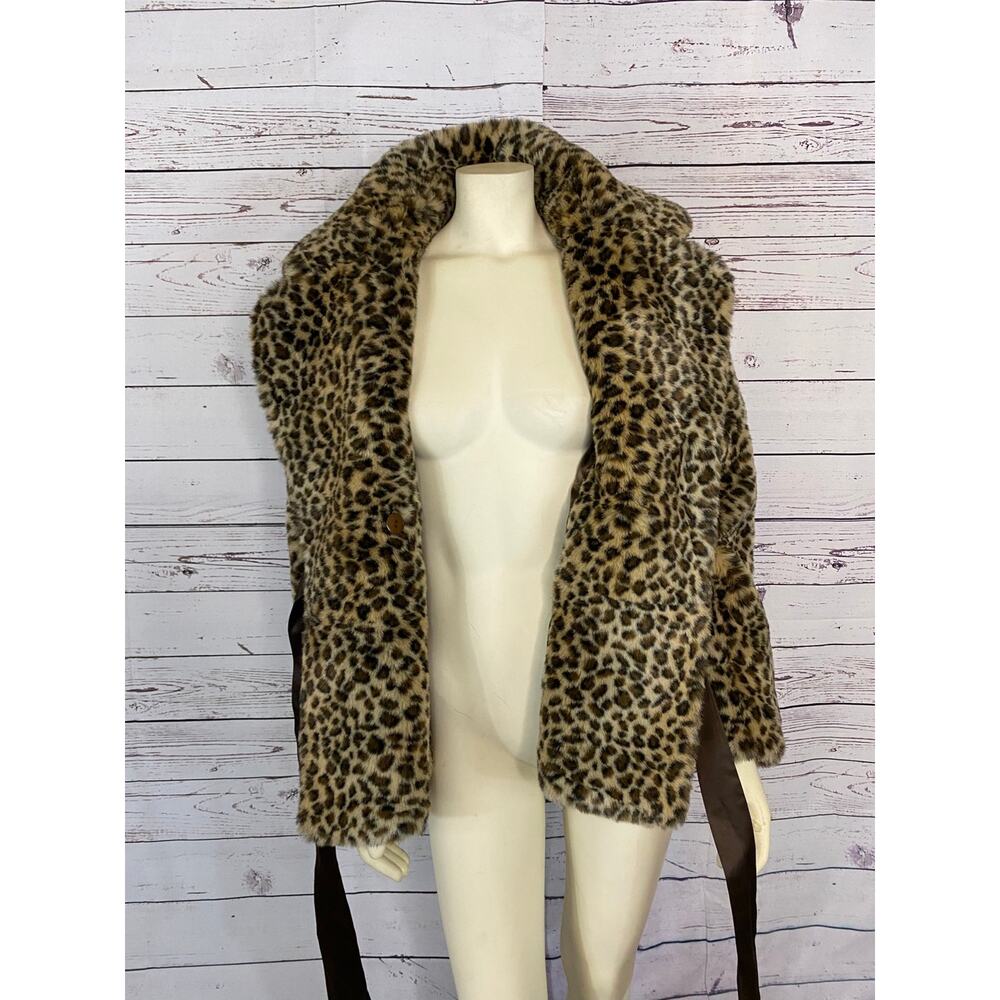 Vintage 2000s Leopard Faux Fur Wrap Coat Jacket With Side Ribbon Tie Large - Picture 10 of 16
